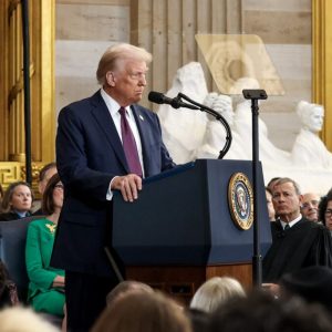 President Donald Trump delivers his inaugural address Monday in the District of Columbia.