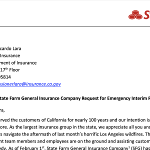 State Farm letterhead carries a request to the state's insurance commissioner to allow a rate increase following LA County's wildfires.